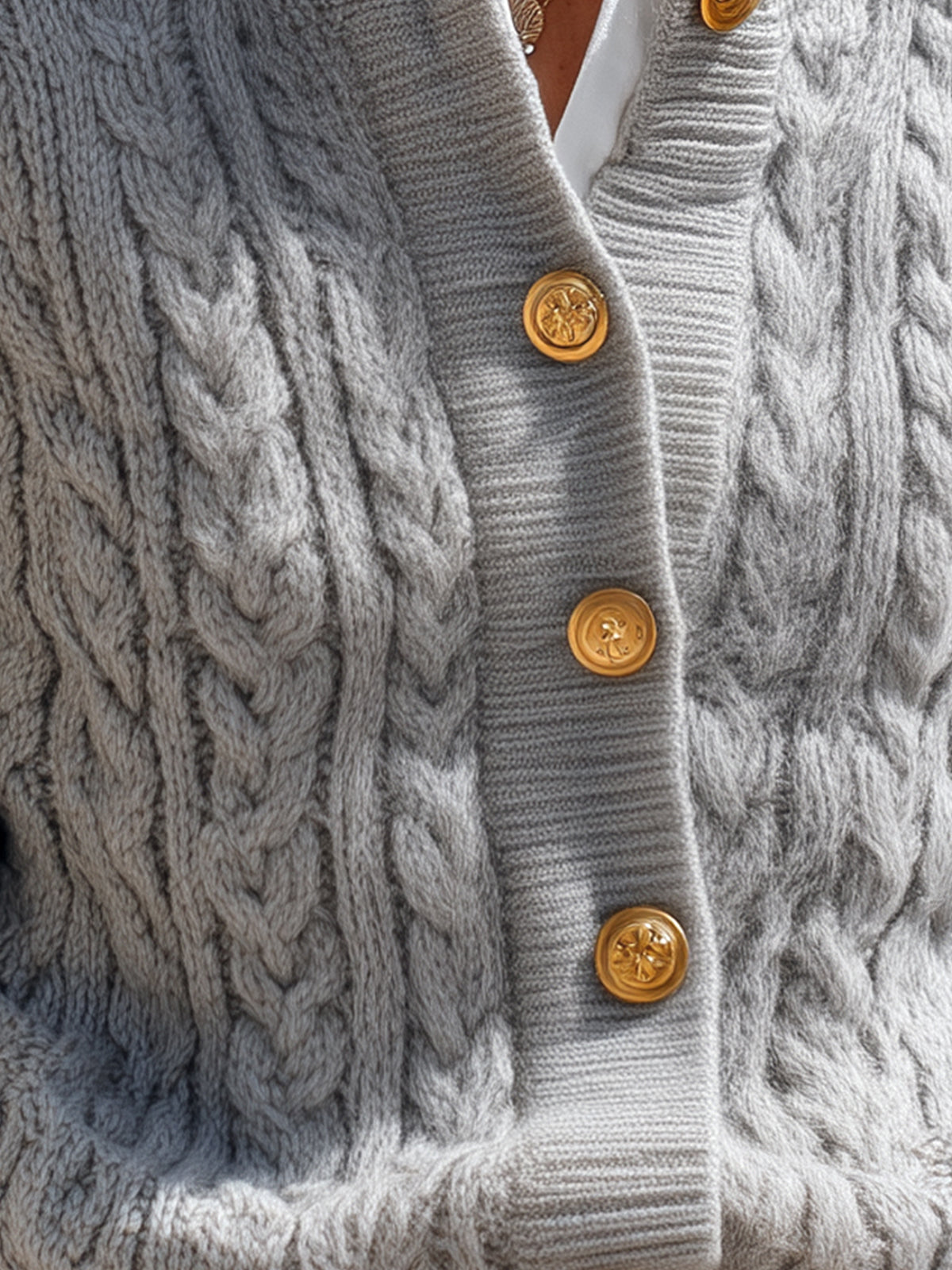 Taidalw Casual Chic Light Gray Cable Knit Crew Neck Gold Button Cropped Cardigan