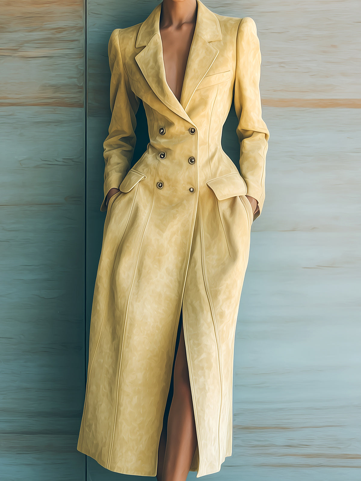 Taidalw Elegant Vintage Mustard Yellow Faux Suede Notched Collar Double-Breasted Slim-Fit Maxi Blazer Dress