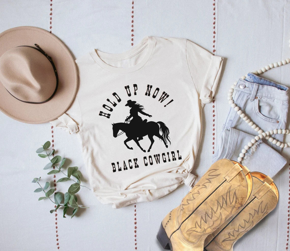 Hold Up Now Black Cowgirl Crew Neck Short Sleeve Cotton T-shirt
