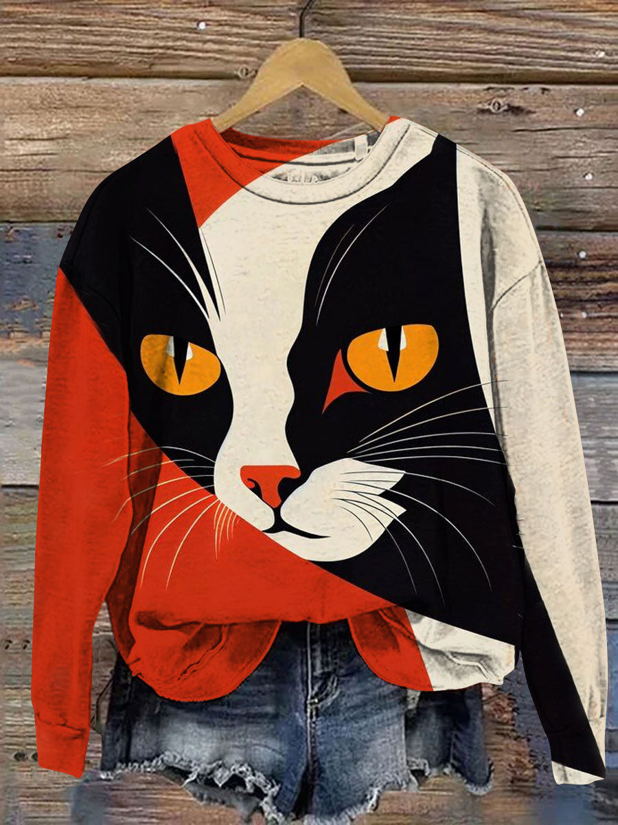 Abstrct Vintage Cat Art Print Casual Sweatshirt