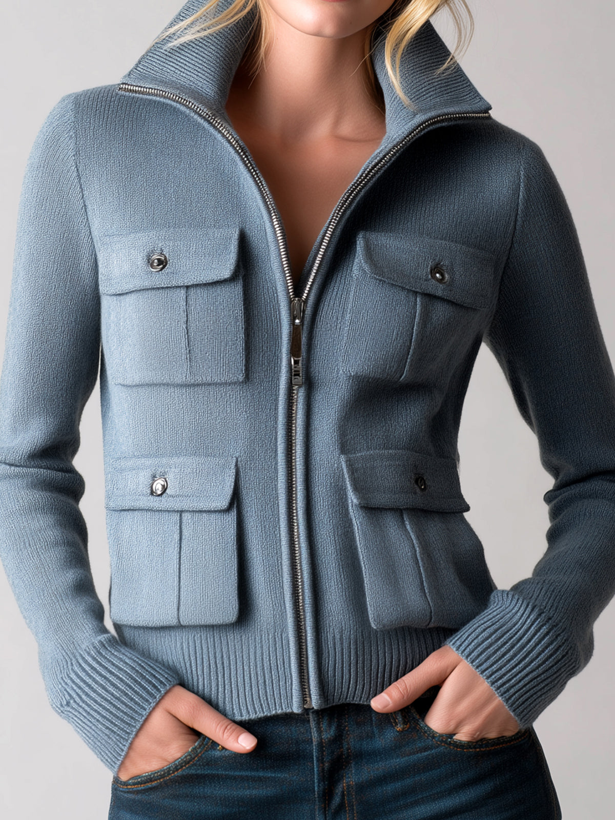 Taidalw Chic Vintage Gray Blue Lapel Multi-Pocket Zipper Short Sophisticated Knit Cardigan