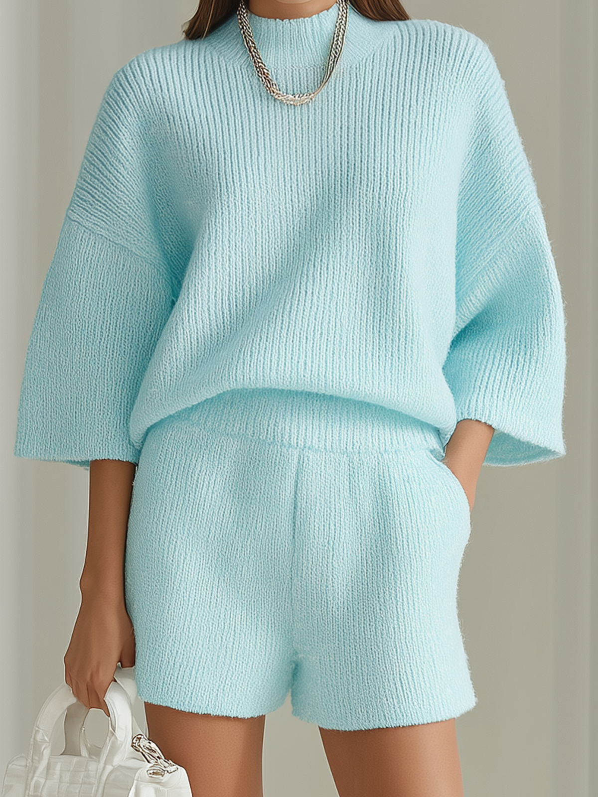 Taidalw Chic Casual Baby Blue Mock Neck Short Sleeve Oversized Sweater Wide-Leg Shorts Knit Two-Piece Set