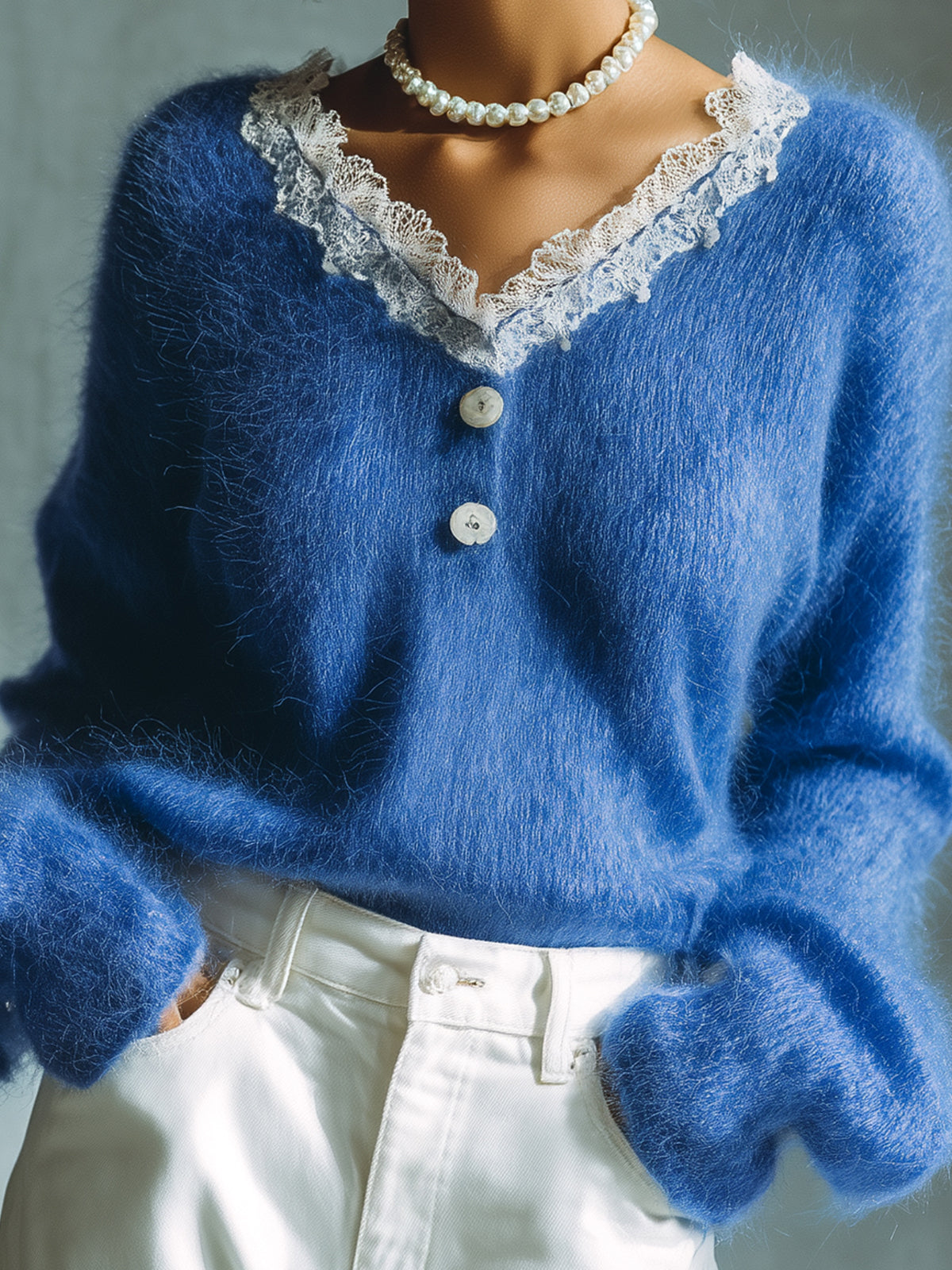 Taidalw Chic Vintage Royal Blue V-Neck Contrast Lace Trim Detail Button-Front Long Sleeve Loose-Fit Knit Sweater Top
