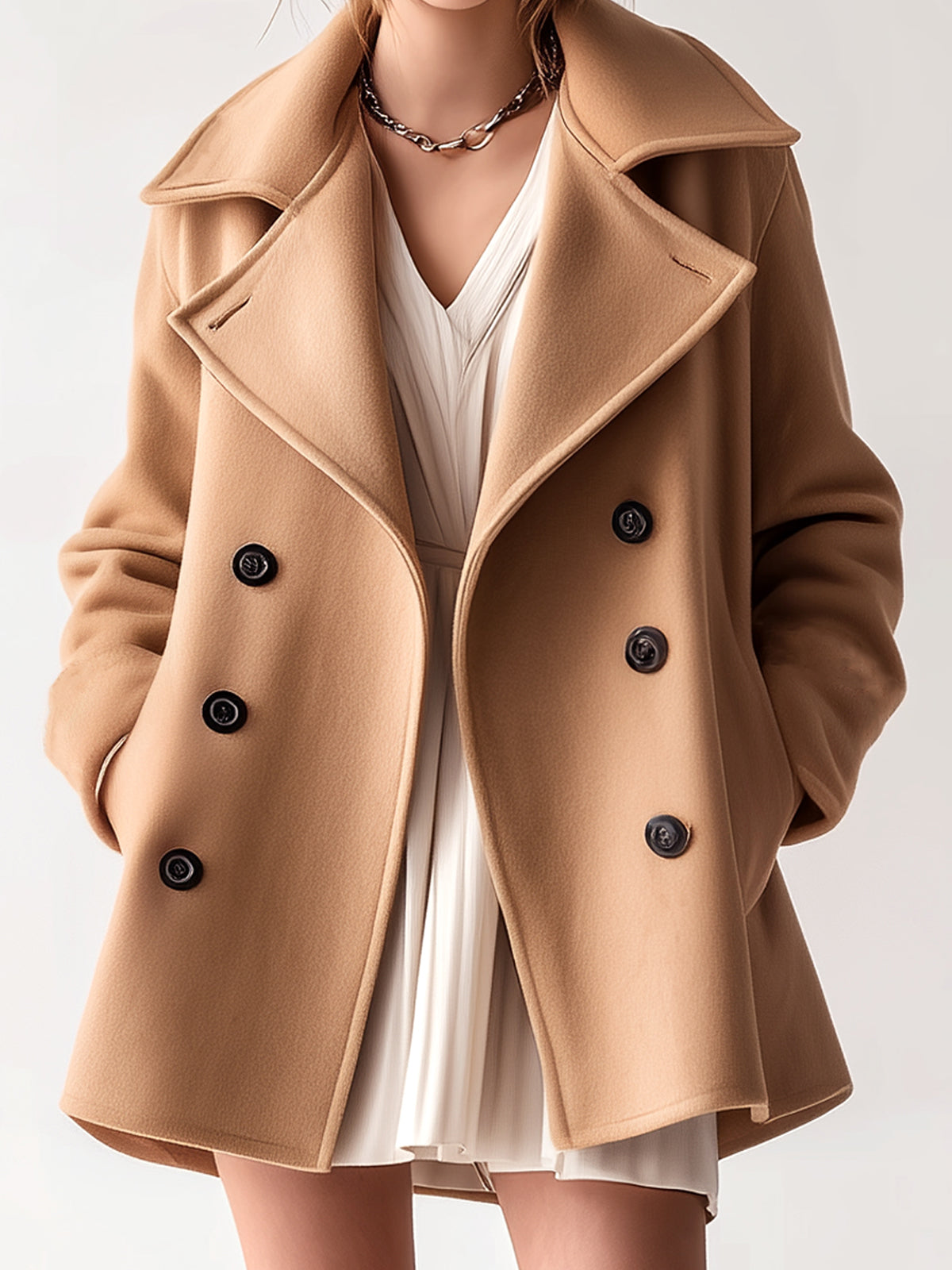 Taidalw Chic Vintage Camel Wool Blend Lapel Double-Breasted Belted Oversized Peacoat