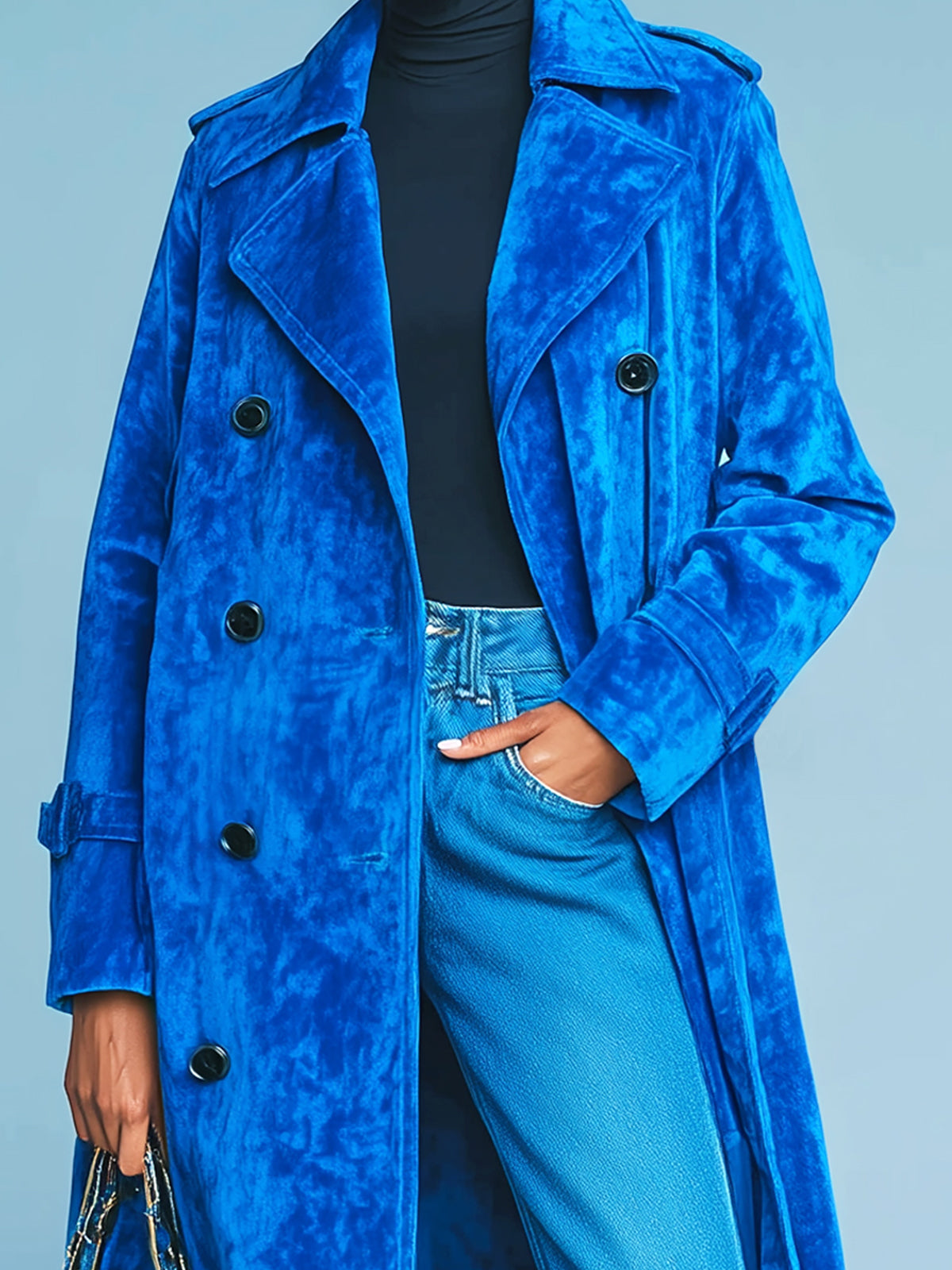 Taidalw Chic Vintage Royal Blue Velvet Lapel Double-Breasted Long Trench Coat