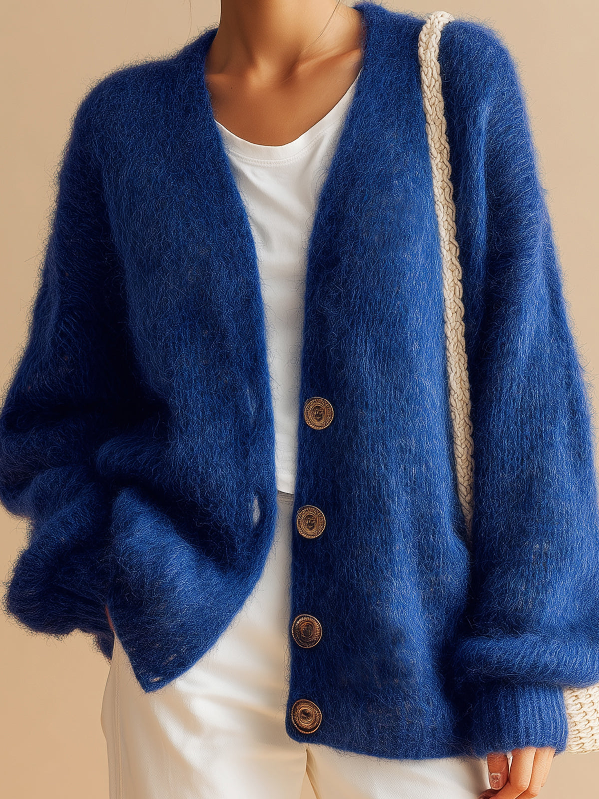 Taidalw Chic Casual Royal Blue V-Neck Single-Breasted Long Sleeve Loose-Fit Fuzzy Knit Cardigan