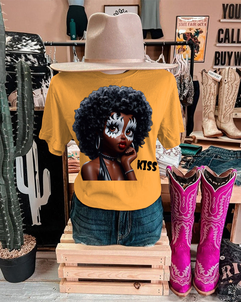 Black Girl Kiss Crew Neck Short Sleeve Cotton T-shirt