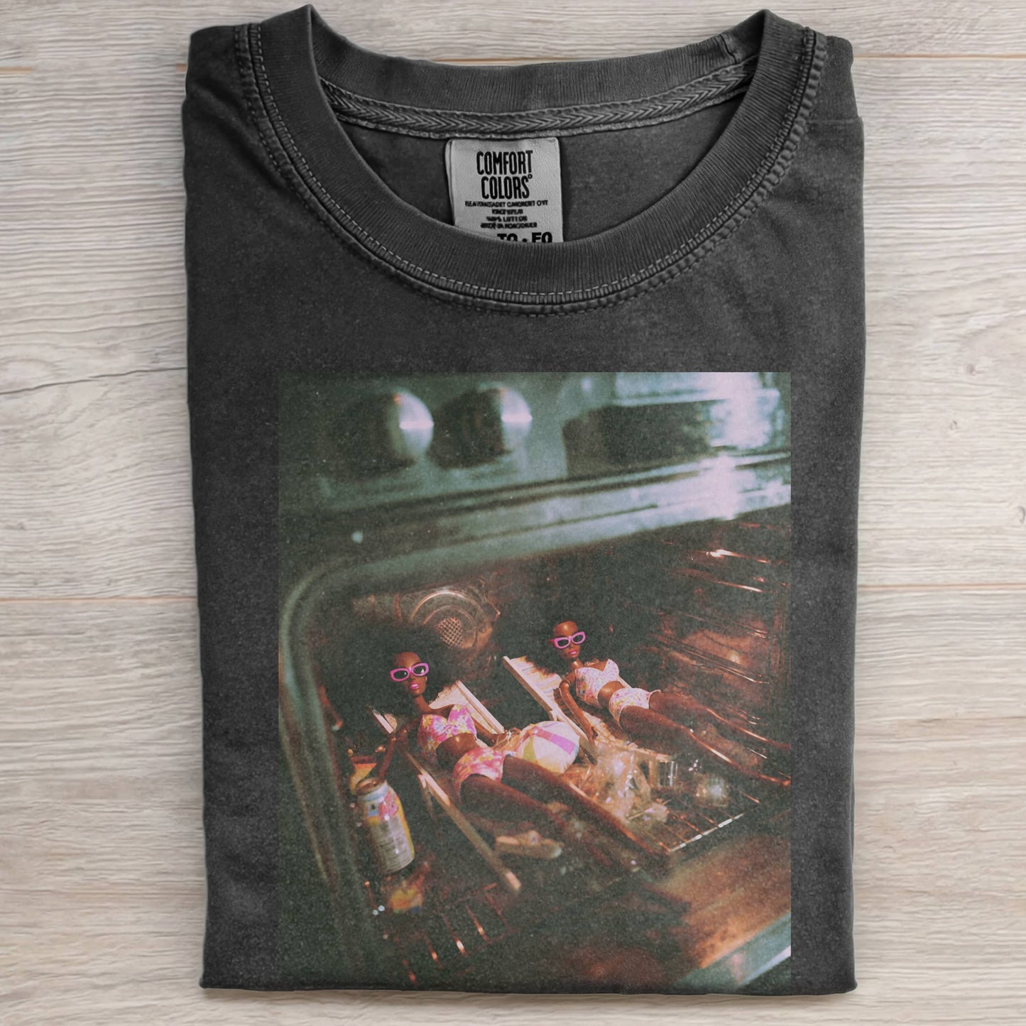OVEN-BAKED VACATION BIKINI BLACK LEATHER BARBIECORE TEE