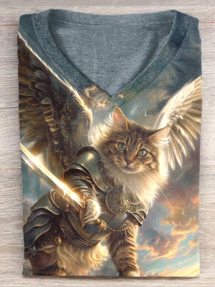 Unisex Christ Warrior Angel Cat Print Casual Short Sleeve T-Shirt