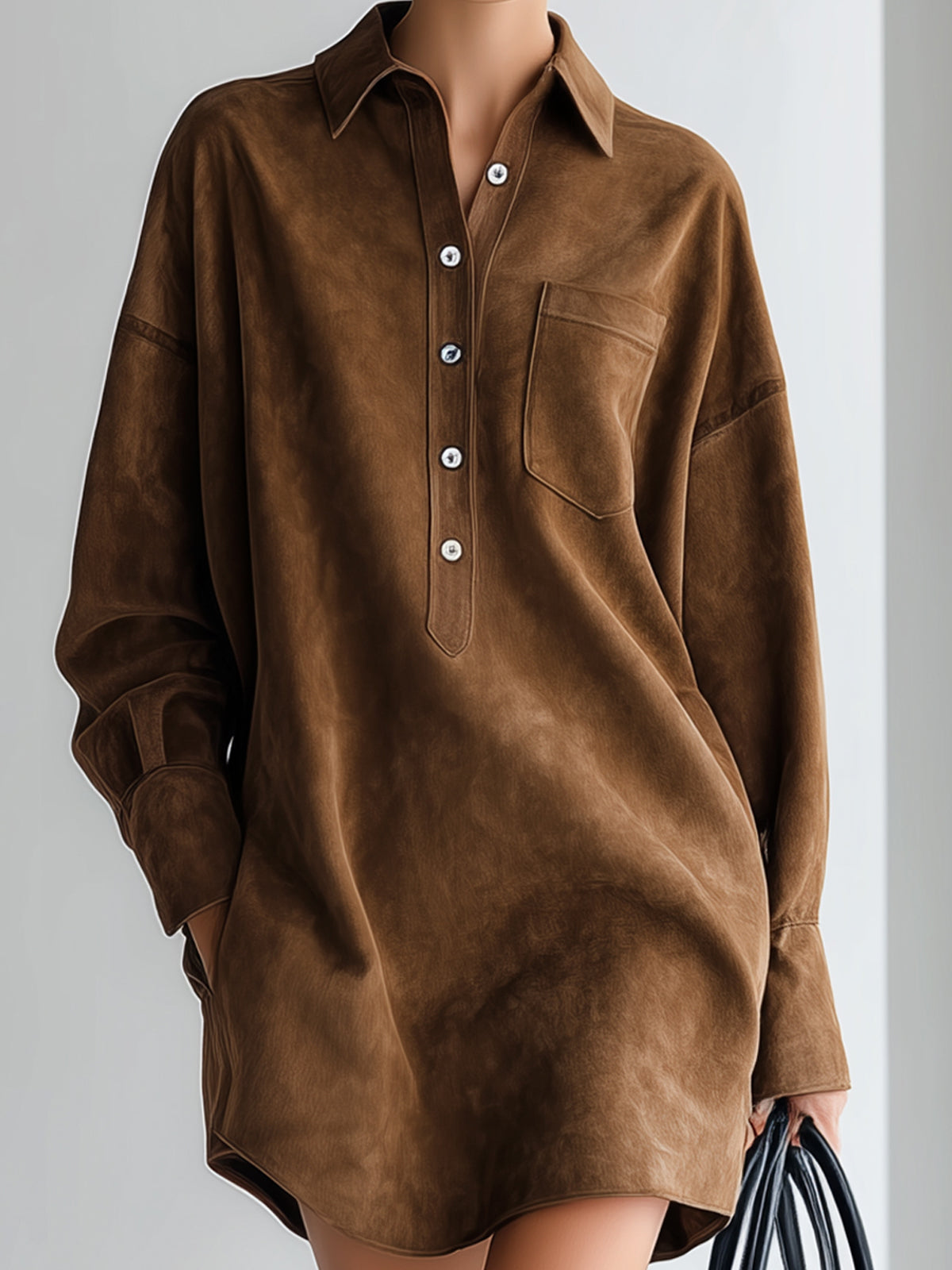 Taidalw Chic Vintage Brown Faux Suede Lapel Button-Front Patch Pocket Long Sleeve Oversized Mini Dress