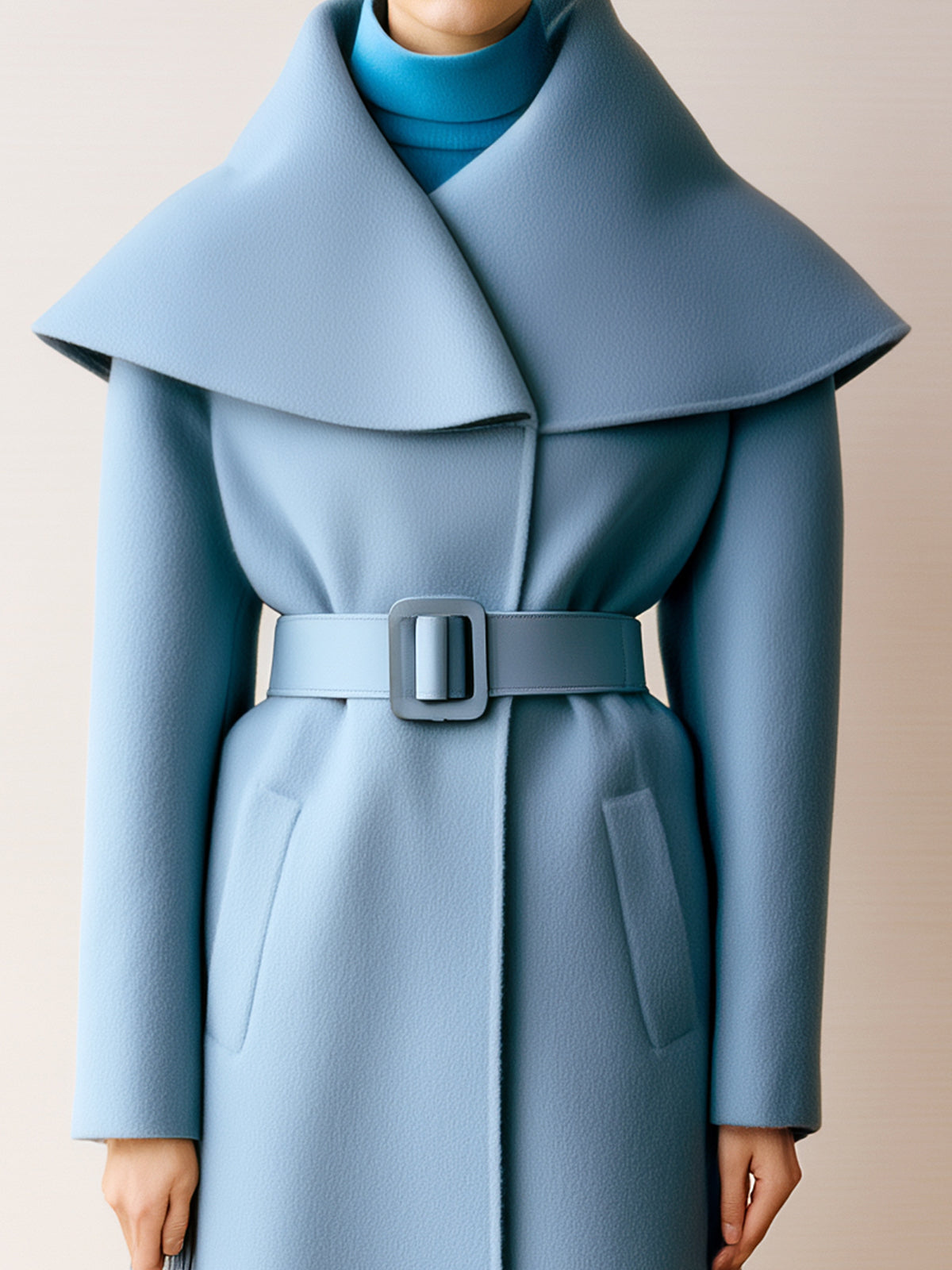 Taidalw Chic Vintage Light Blue Wool Blend Oversized Lapel Single Breasted Belted Long Coat