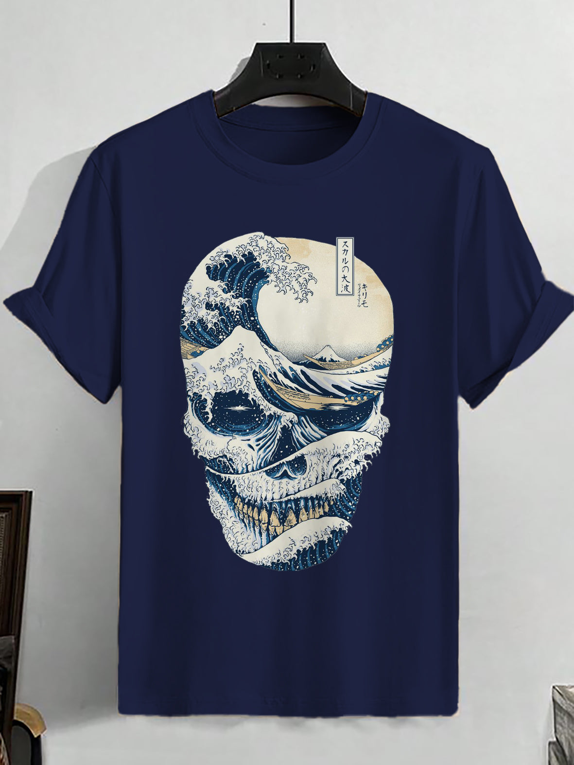 100% Cotton Skull Japanese Sea Wave Art Print Casual T-Shirt