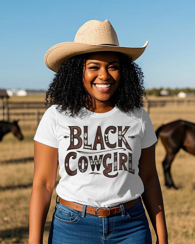 Black Cowgirl Crew Neck Short Sleeve Cotton T-shirt
