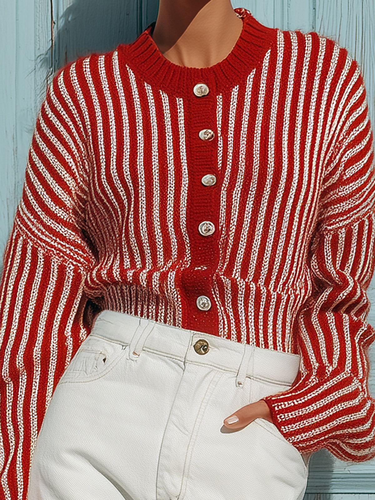 Taidalw Chic Vintage Red Pinstripes Round-Neck Single-Breasted Long-Sleeve Slim-Fit Knit Cardigan