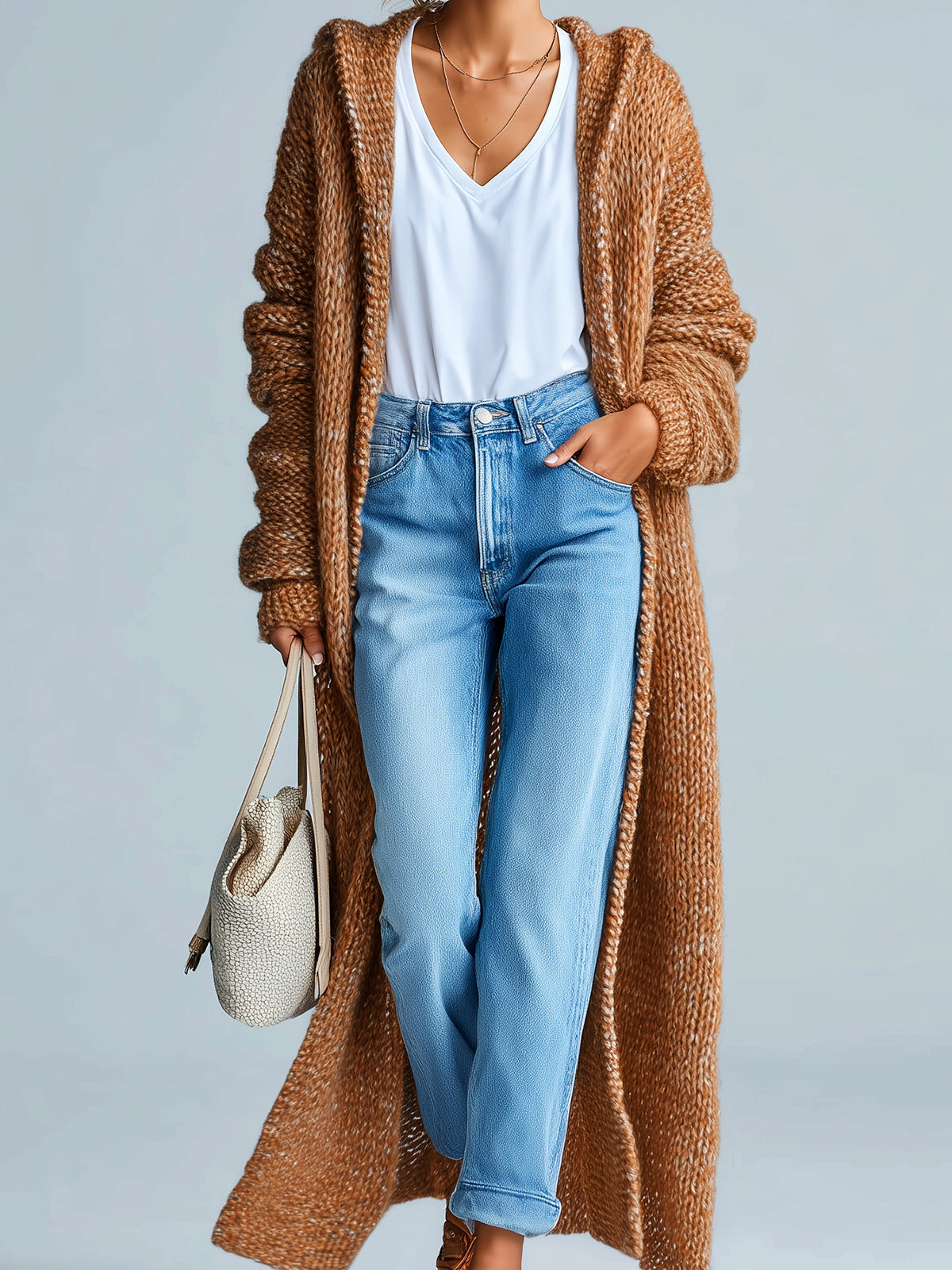 Taidalw Chic Vintage Brown Hooded Maxi-Length Slouchy Textured Knit Cardigan