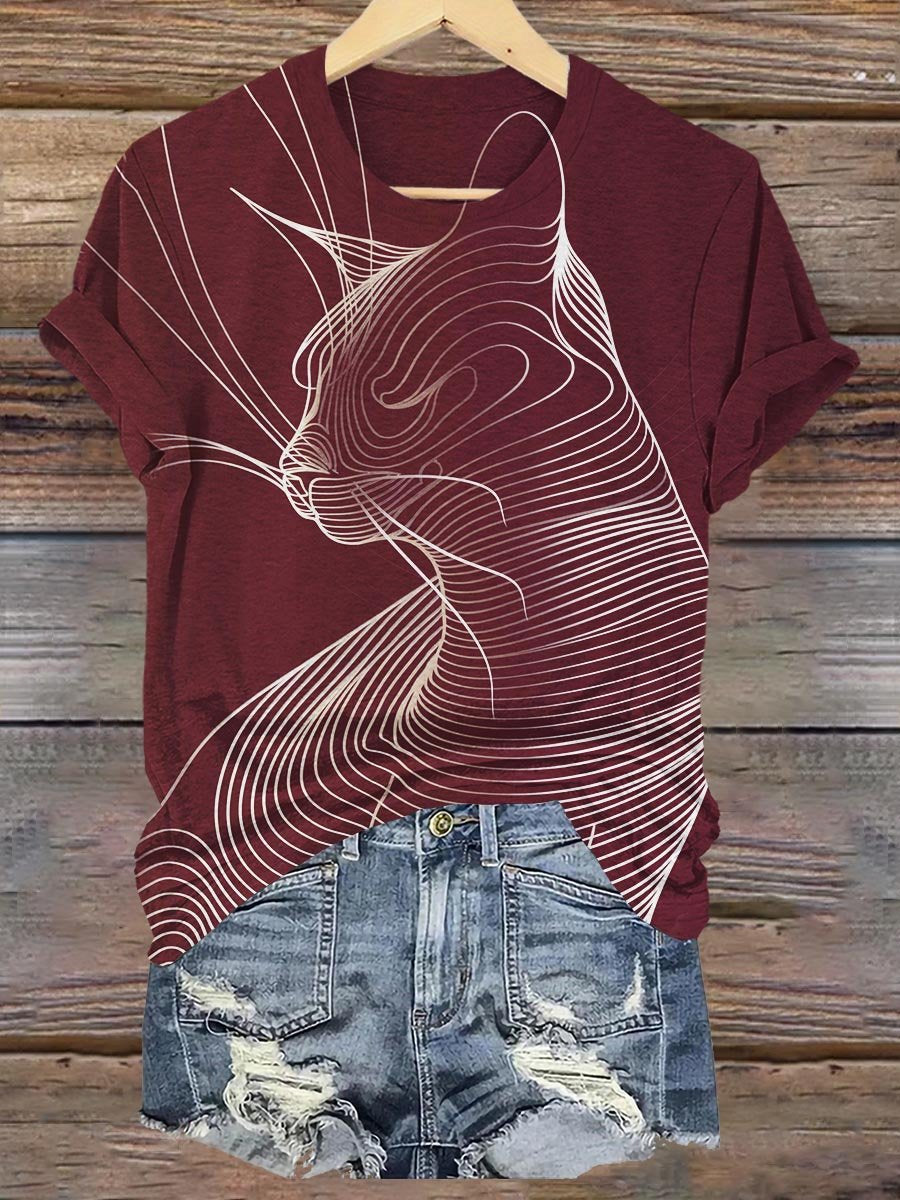 Abstract Geometric Cat Art Print T-shirt