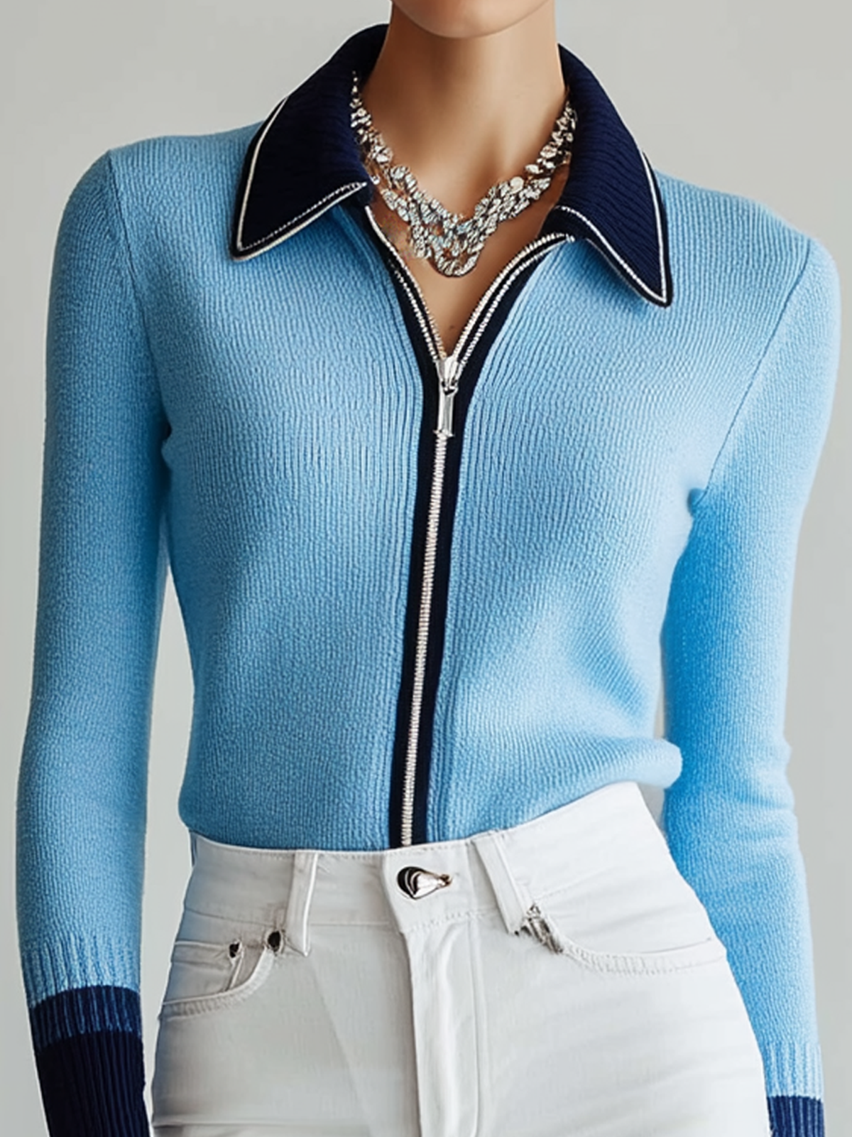 Taidalw Chic Casual Blue Lapel Zipper-Front Long-Sleeve Slim-Fit Knit Cardigan