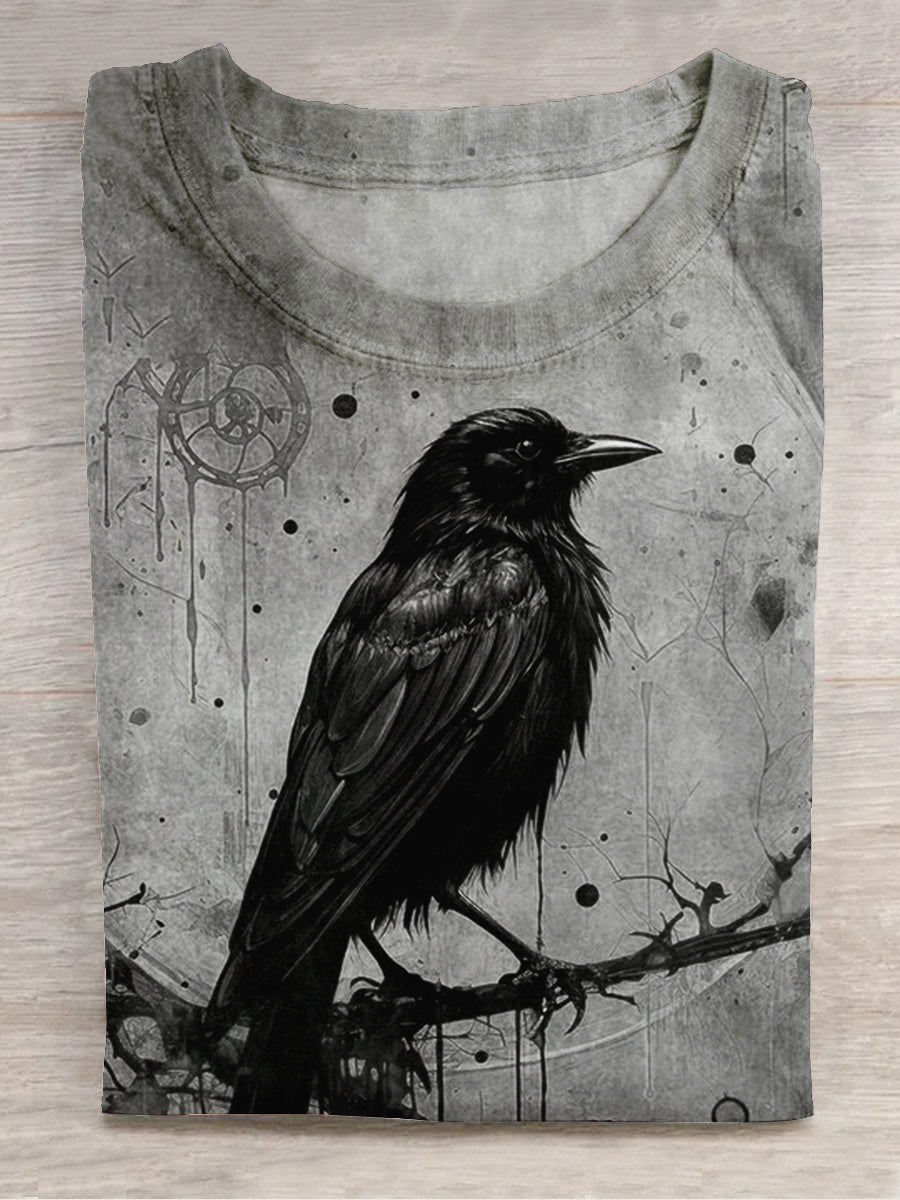 Unisex Halloween Raven Print Casual T-Shirt