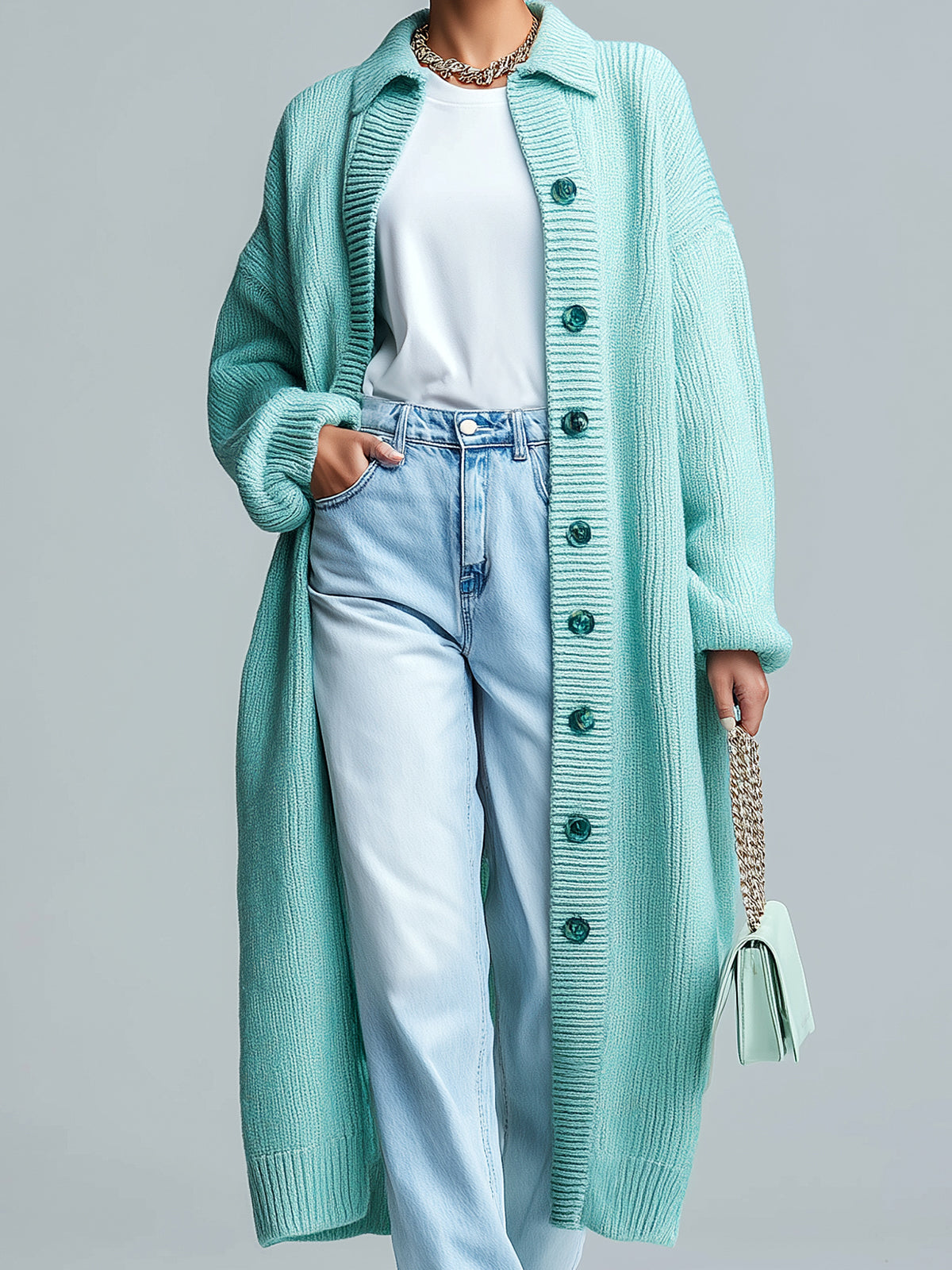 Taidalw Chic Casual Mint Green Lapel Single-Breasted Maxi-Length Slouchy Knit Cardigan