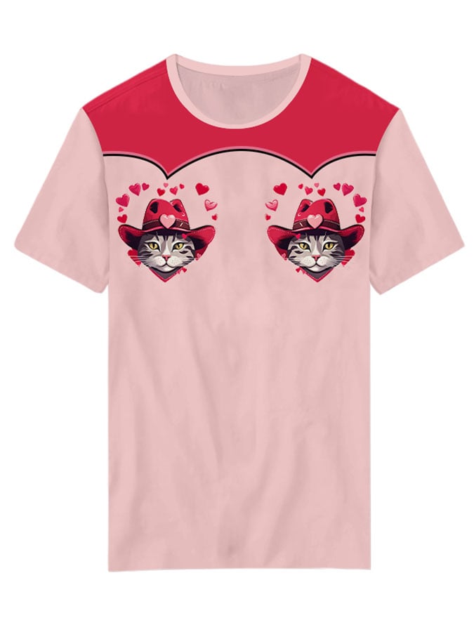 Women's Retro Western Hearts and Cats Print Casual T-shirt