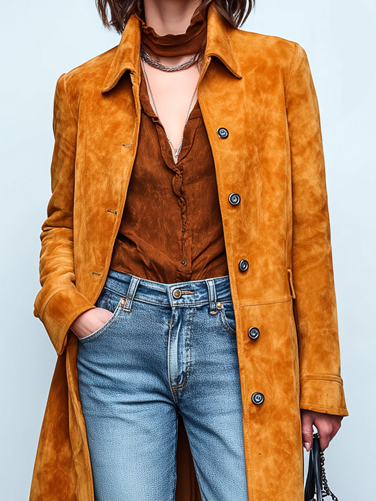 Taidalw Chic Vintage Caramel Faux Suede Lapel Single-breasted Long Single-Breasted Trench Coat