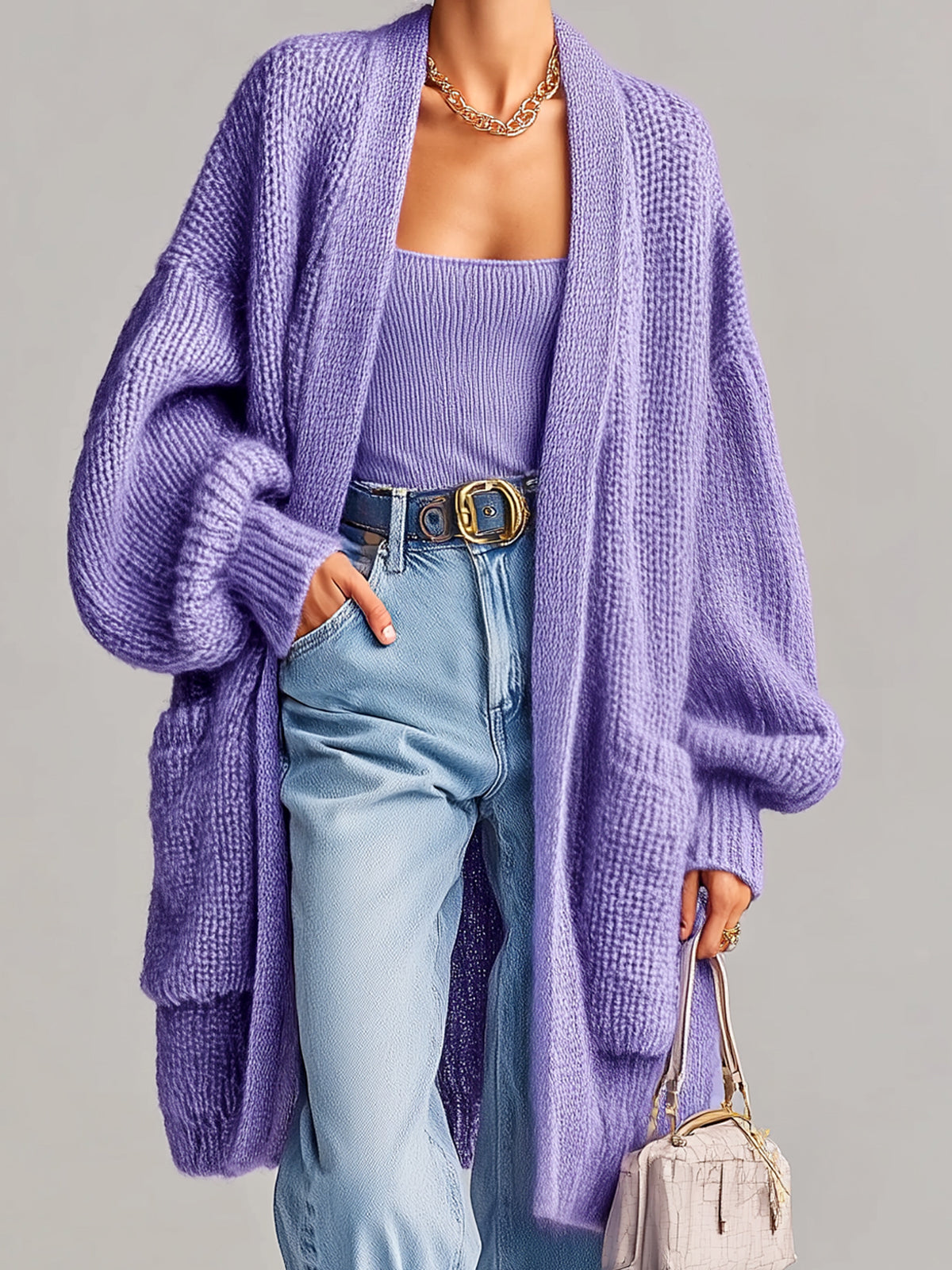 Taidalw Chic Vintage Lavender Lantern Sleeve Large Patch Pockets Oversized Knit Mid-Length Cardigan