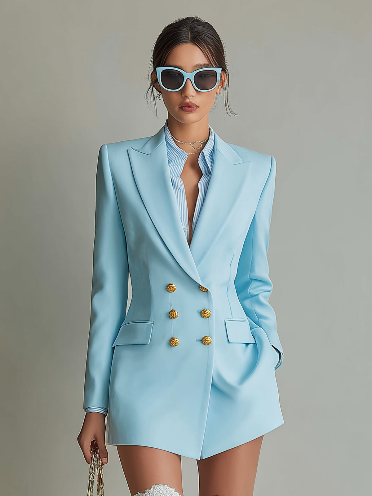 Taidalw Chic Vintage Cotton-blend Peak Lapel Metal Buttons Double-breasted Slim-fit Blazer