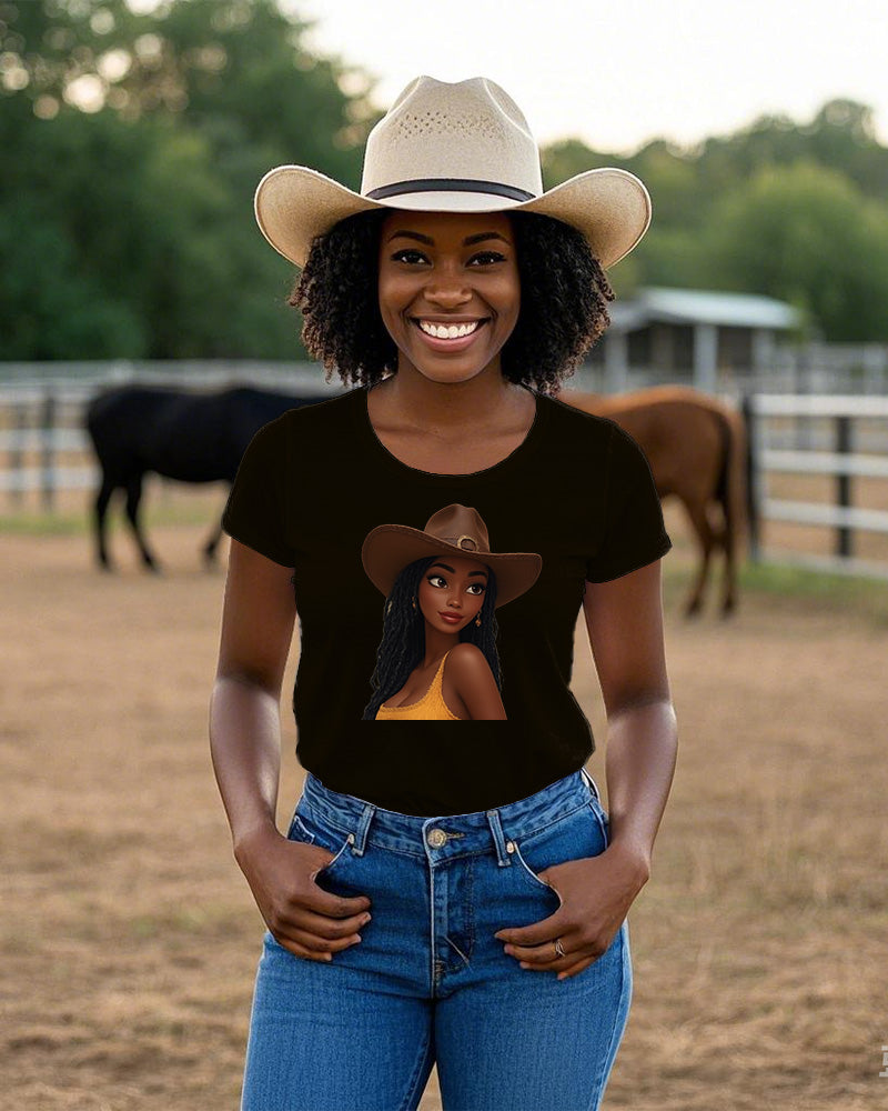Cartoon Cute Cowgirl Crew Neck Short Sleeve Cotton T-shirt