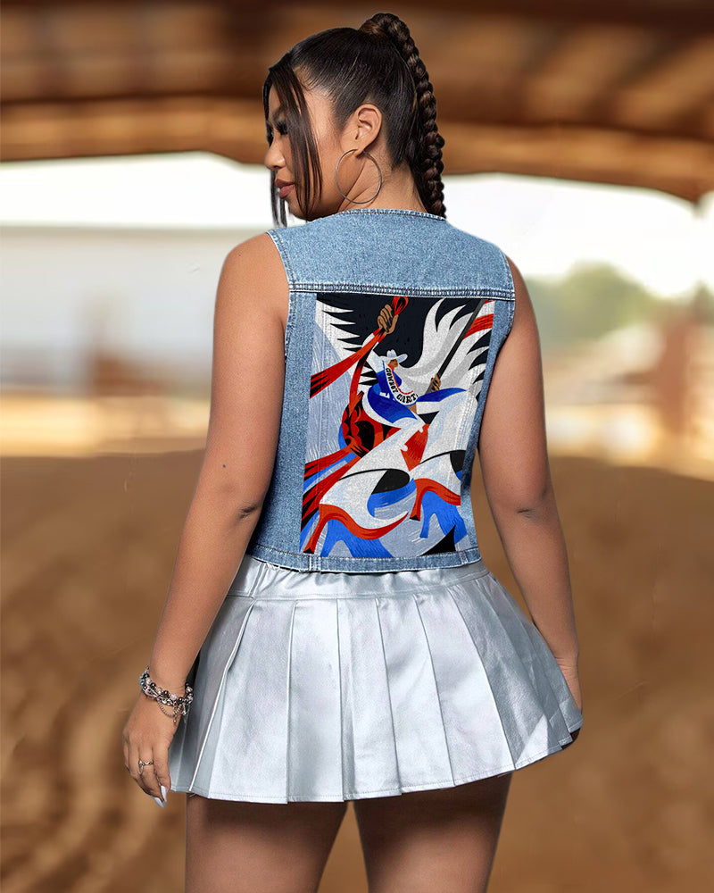 Cowboy Center Cartoon Low-cut V-neck Buttoned Denim Vest