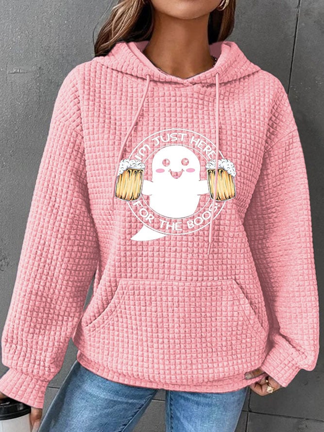 Women's Just Here for the Boos Ghost Halloween Print Waffle Hooded Sweatshirt