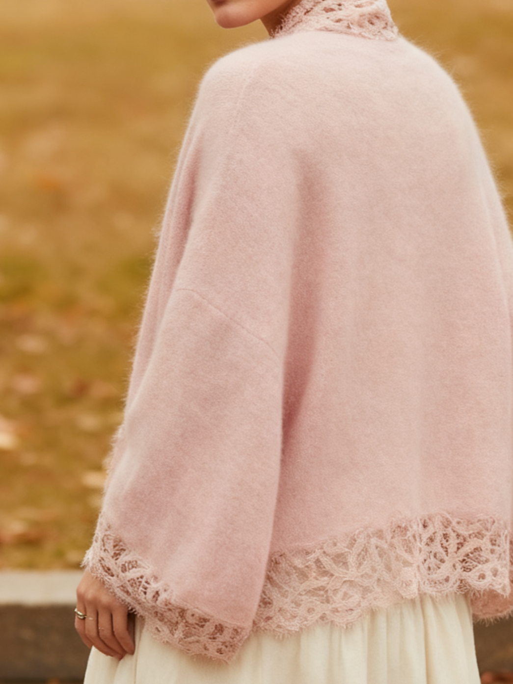 Cashmere Cardigan, Long Sleeves, V Neck, Plain, Lace, Vintage, Light Pink