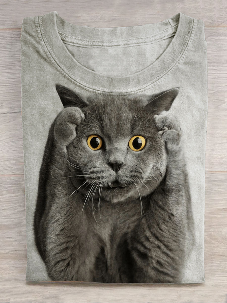 Cat Art Print Casual Short Sleeve Top