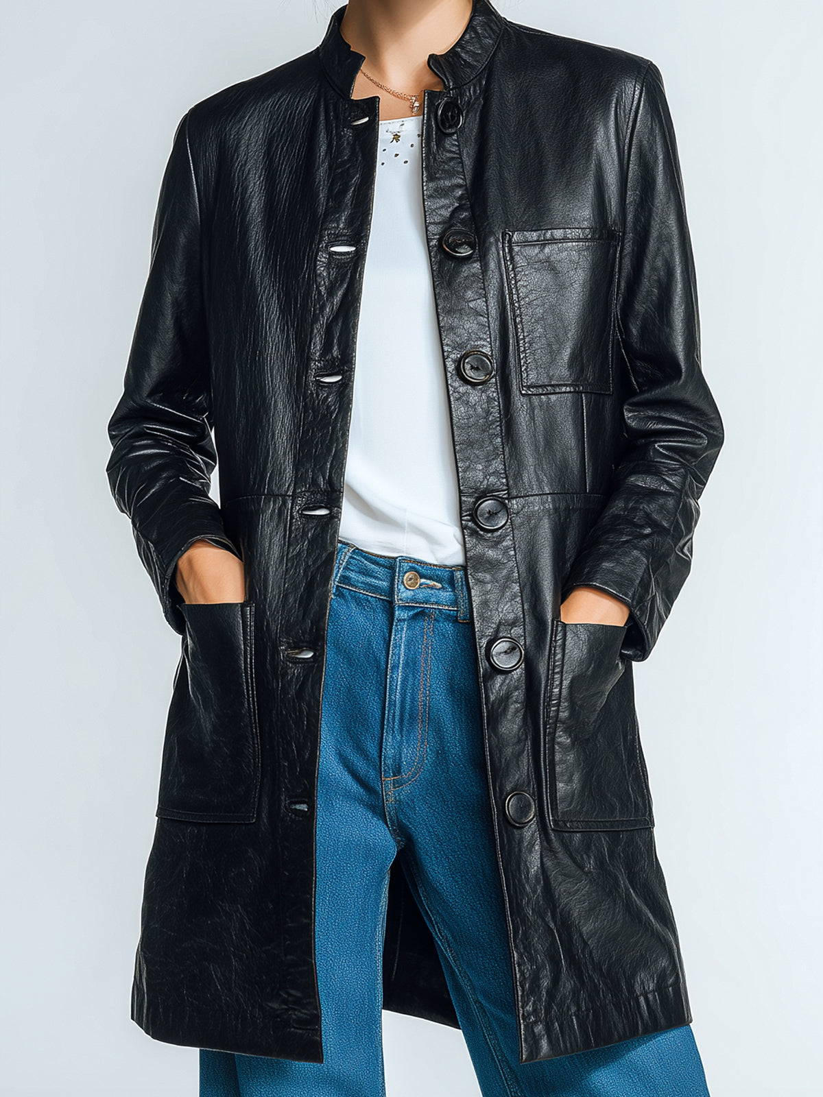 Taidalw Chic Vintage Black Faux Leather Stand Collar Single-Breasted Multi-Pocket Utility Trench Coat