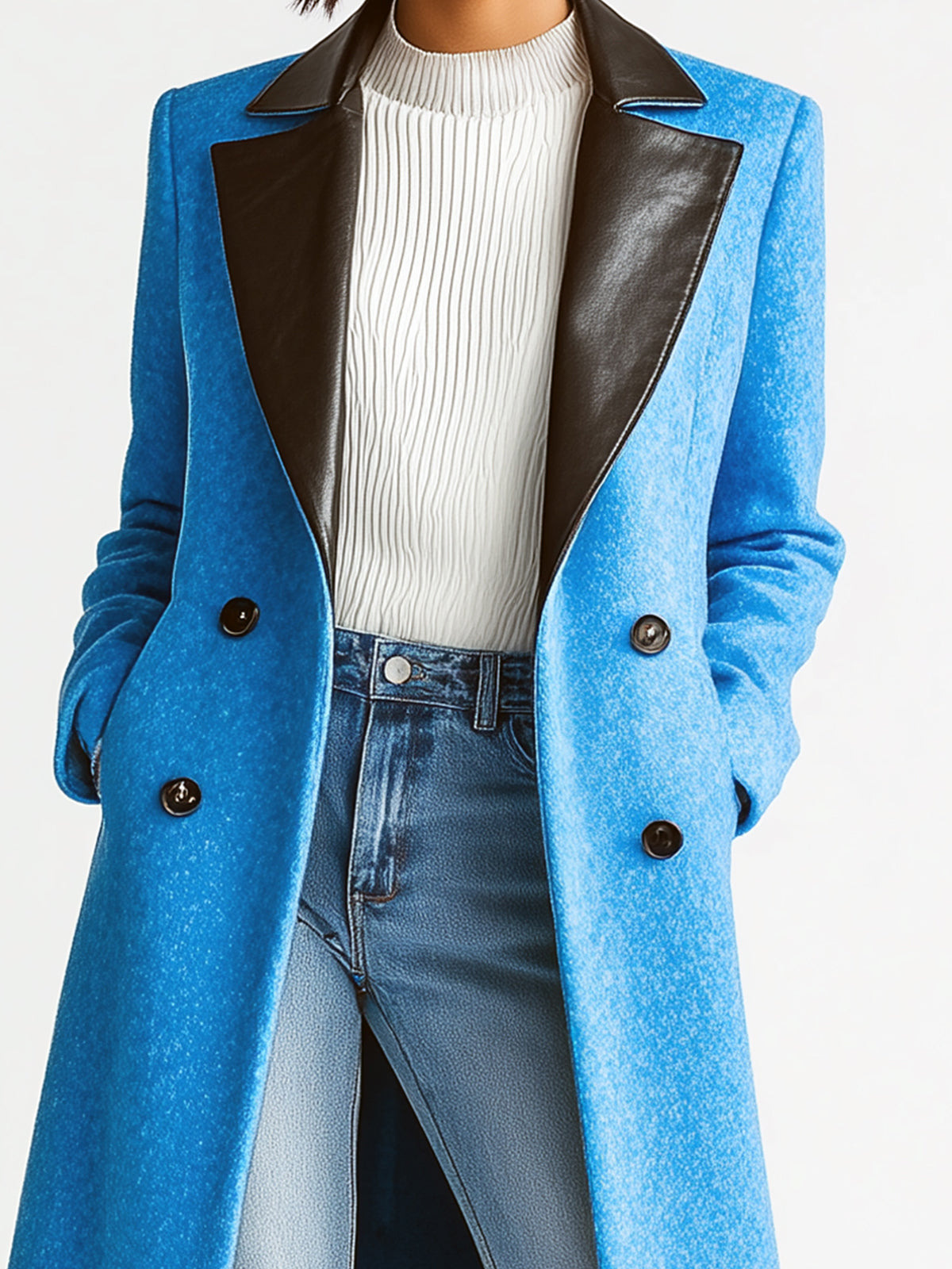Taidalw Chic Vintage Bright Blue Wool Blend Contrast PU Collar Paneled Double-Breasted Long Coat