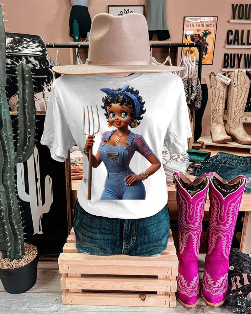 Black Girl with Denim Suspenders Crew Neck Short Sleeve Cotton T-shirt