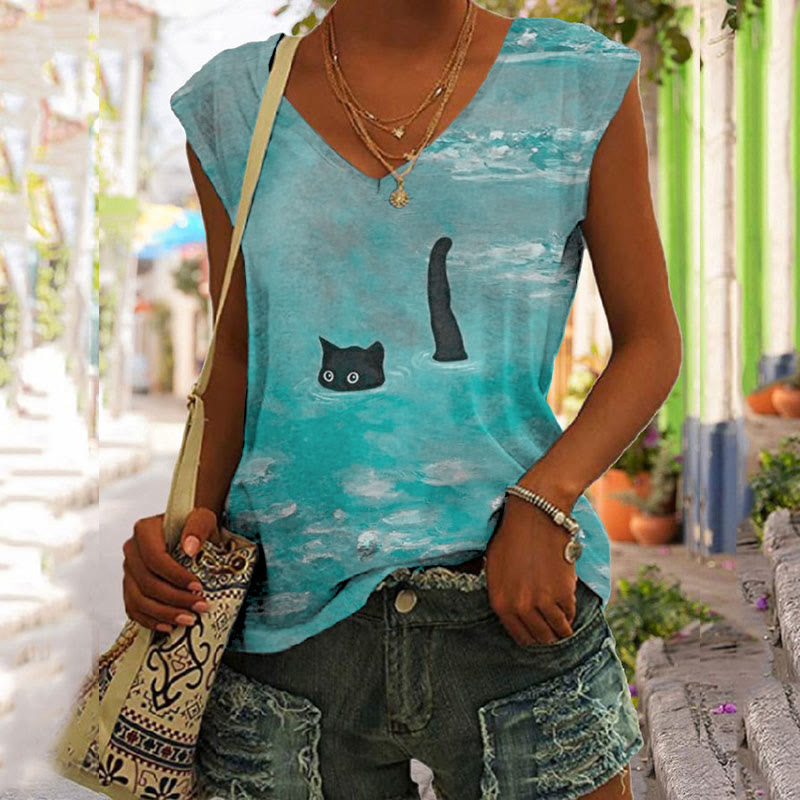 Dashingsoul Women's Oil Painting Cat Print V-neck Tank Top