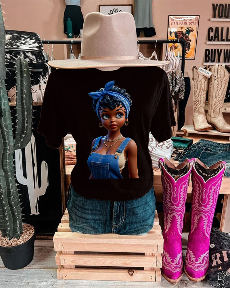 Denim Black Girl Crew Neck Short Sleeve Cotton T-shirt