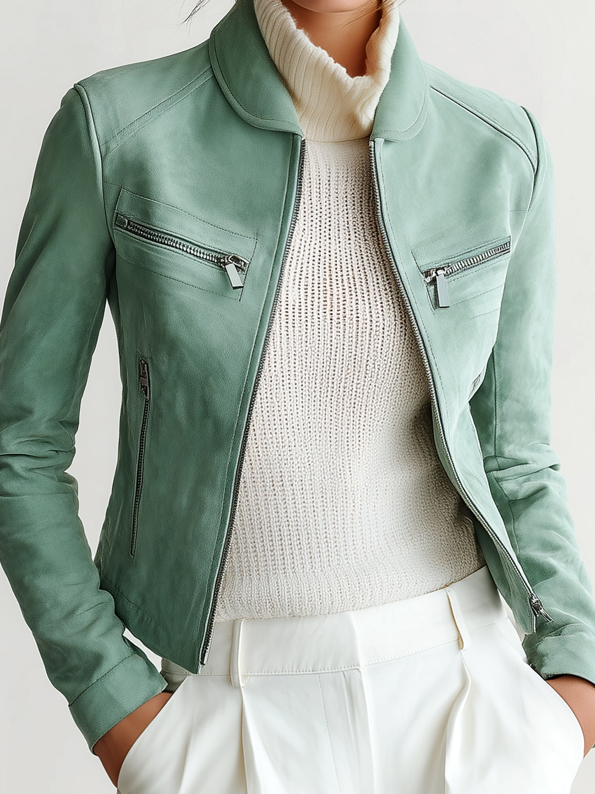Taidalw Chic Vintage Mint Green Faux Suede Peter-Pan-Collar Zipper Utility-Pocket Cropped Biker Jacket