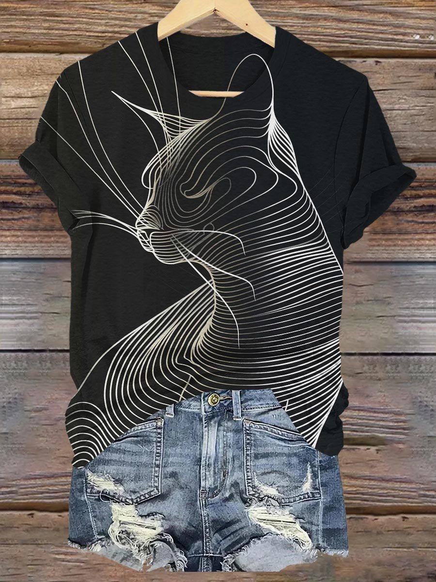 Abstract Geometric Cat Art Print T-shirt