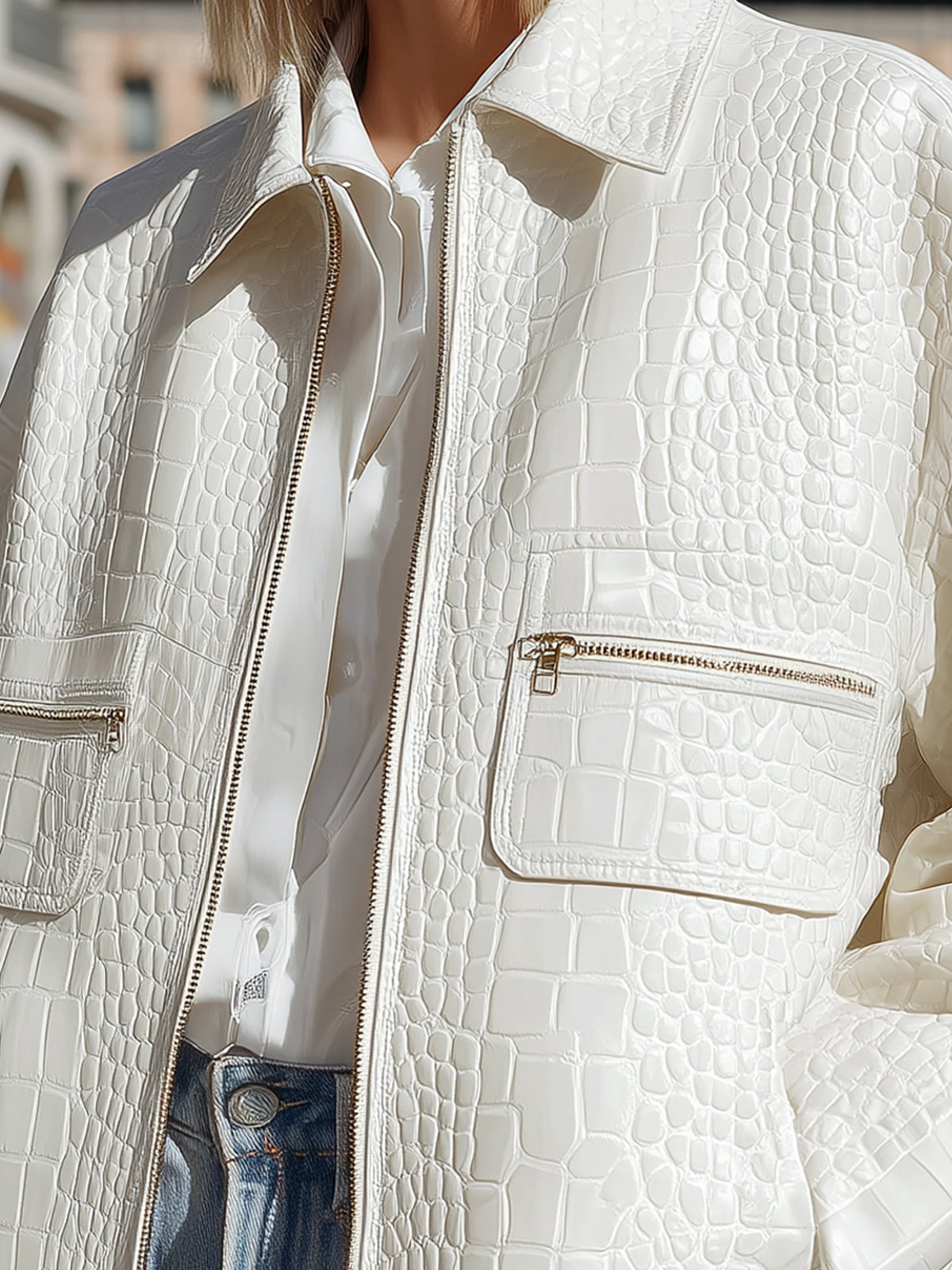 Taidalw Casual Chic White Crocodile Faux Leather Lapel Zip-front Oversized Jacket