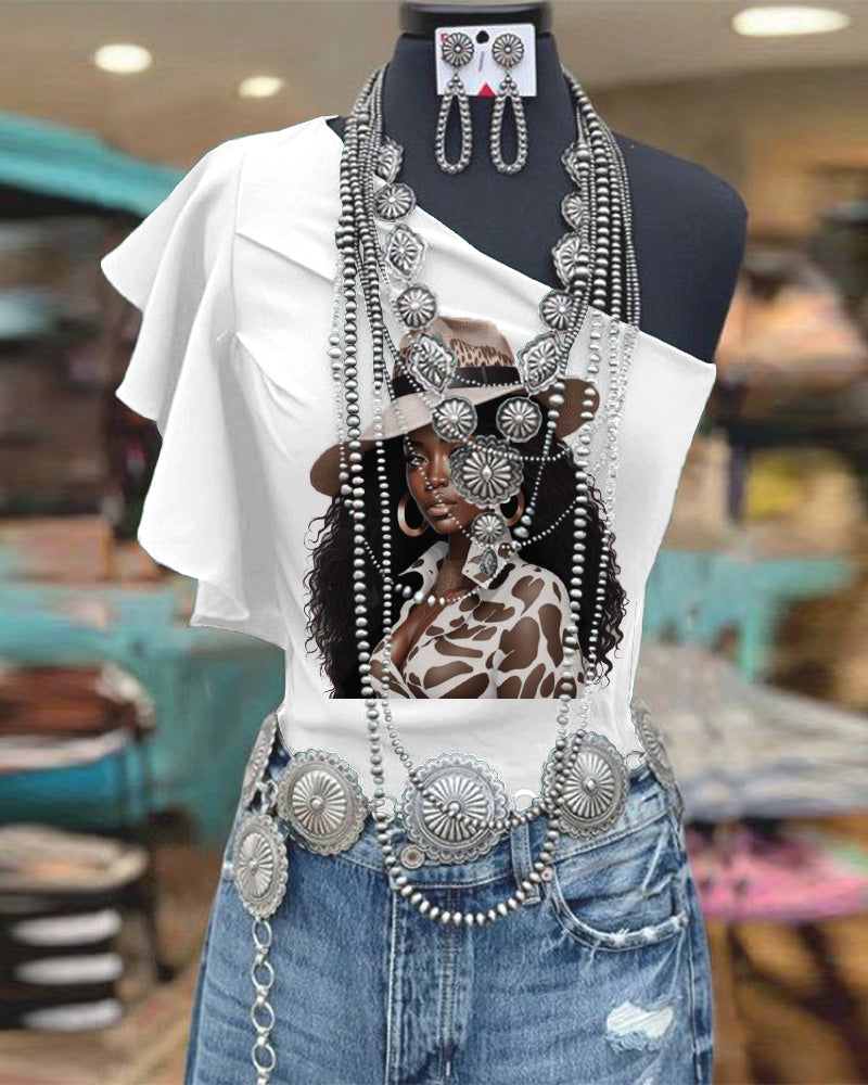 One Shoulder Ruffle Sleeve Brown Cowgirl Print Top