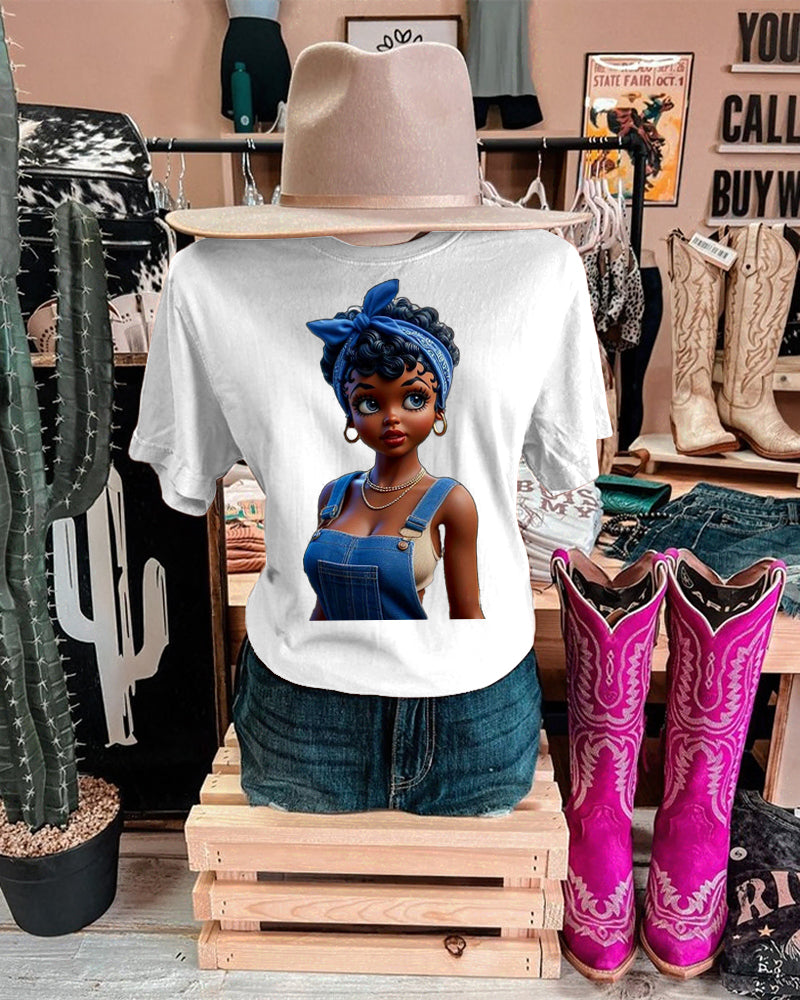 Denim Black Girl Crew Neck Short Sleeve Cotton T-shirt