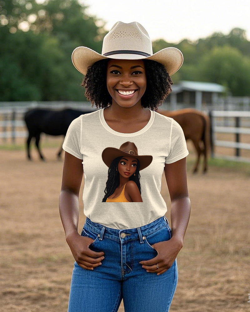 Cartoon Cute Cowgirl Crew Neck Short Sleeve Cotton T-shirt