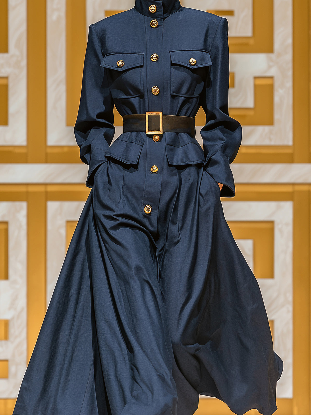 Taidalw Chic Casual Navy Blue Cotton Blend Stand Collar Single Breasted Utility Pocket Belted Maxi Dress Coat