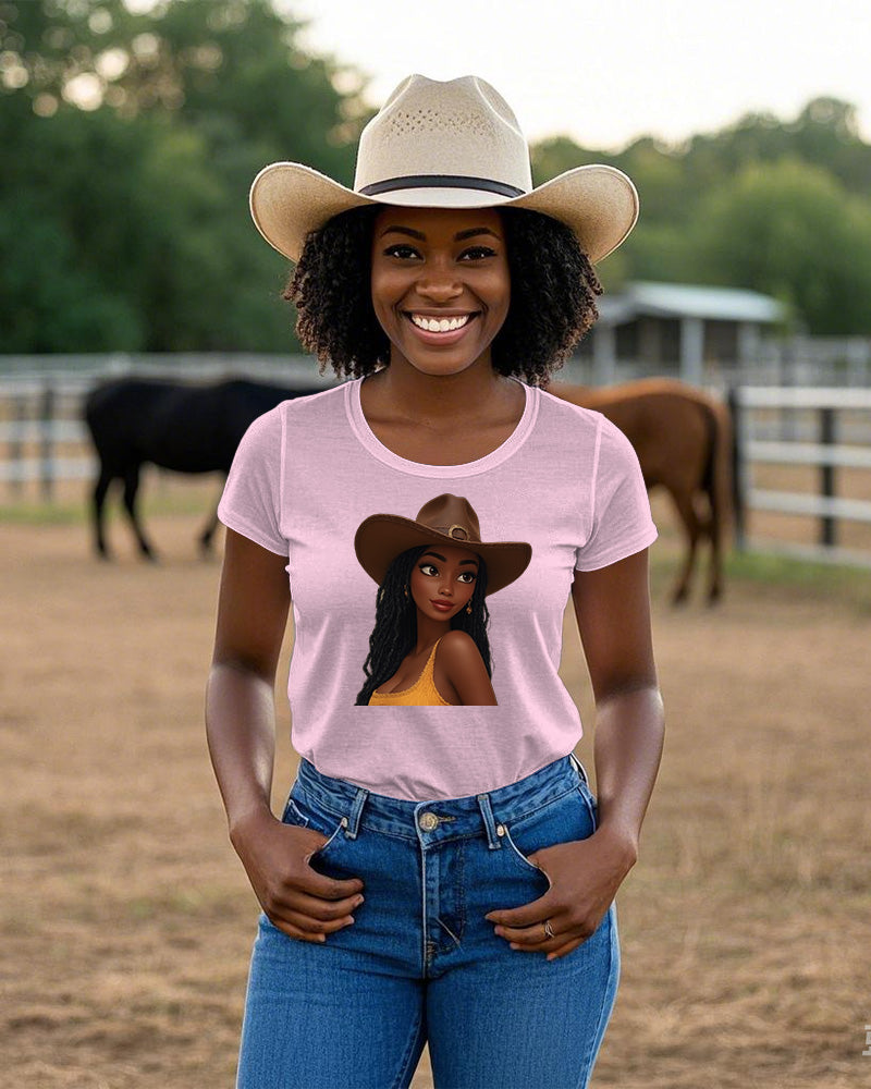 Cartoon Cute Cowgirl Crew Neck Short Sleeve Cotton T-shirt