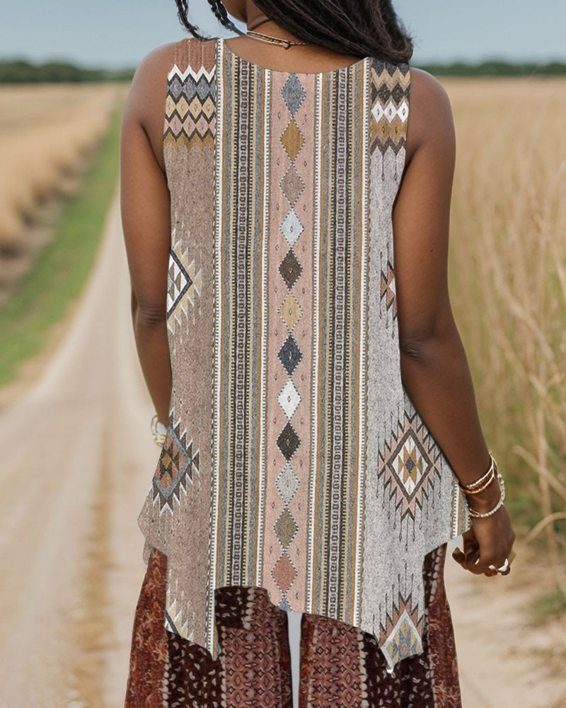Ethnic Print V-neck Irregular Long Vest
