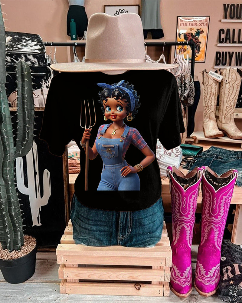 Black Girl with Denim Suspenders Crew Neck Short Sleeve Cotton T-shirt