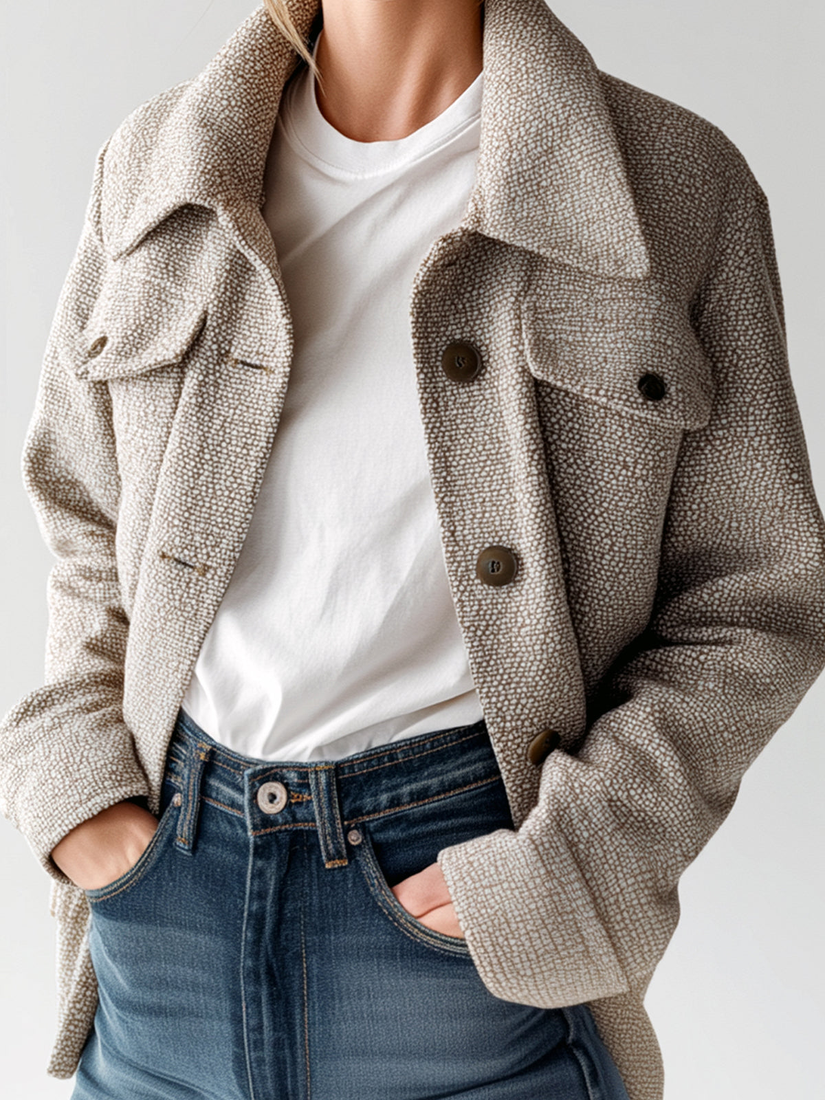 Taidalw Chic Vintage Light Brown Tweed Lapel Single-Breasted Chest Pocket Slim Fit Jacket