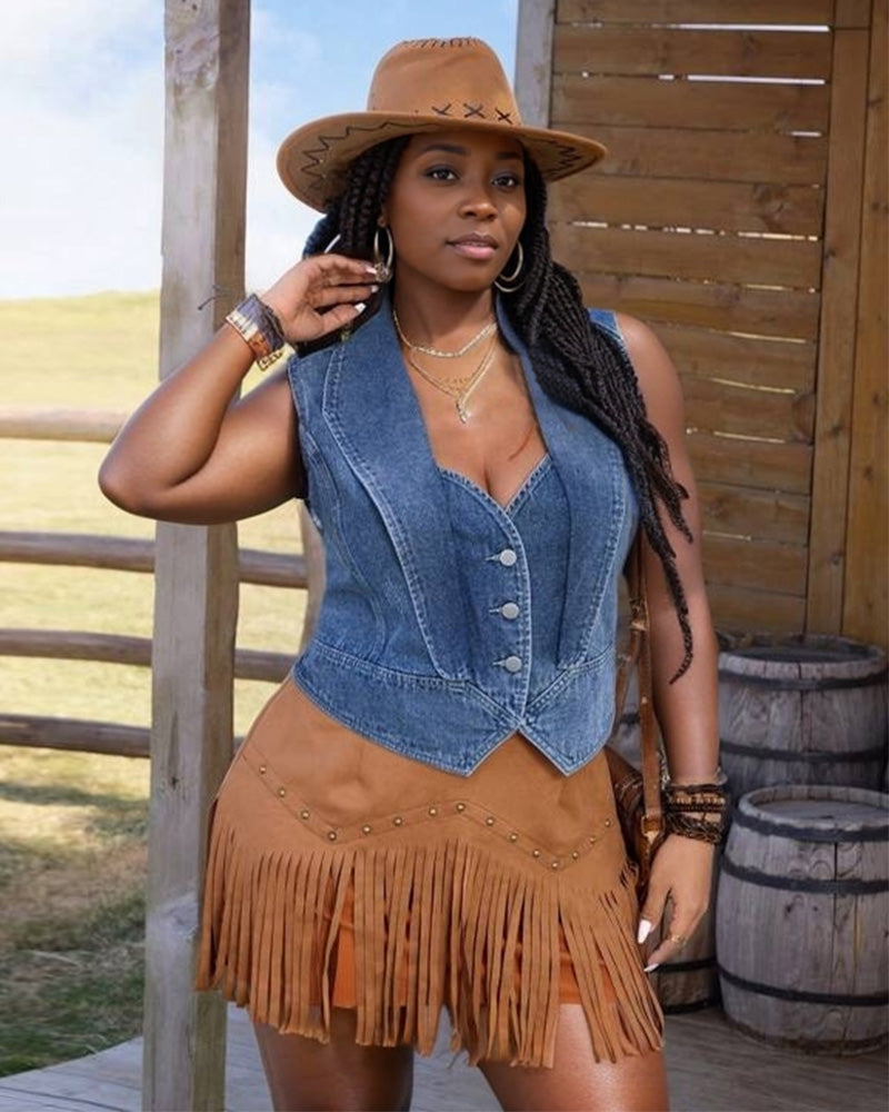 Bad And Boujee Single-Breasted Casual Denim Waistcoat