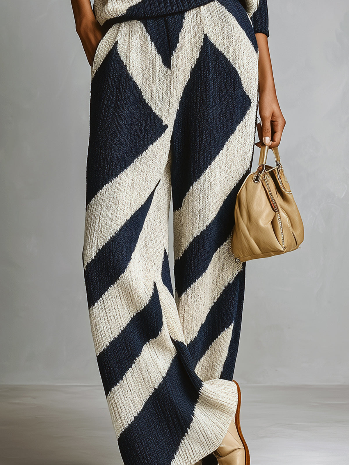 Taidalw Chic Elegant Geometric Jacquard Lapel Long-sleeved Polo Sweater Wide-leg Pants Knitted Two-piece Set